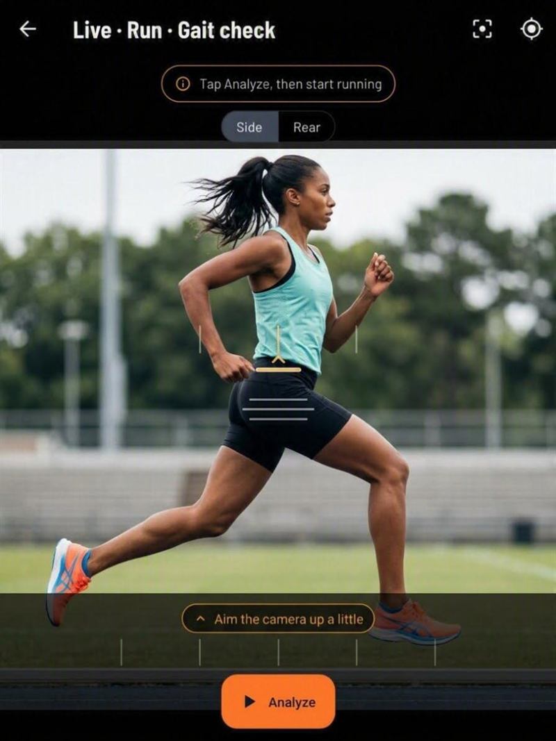 Llyr's run gait screen with framing marks drawn on a runner filmed side-on and an on-screen cue reading aim the camera up a little.