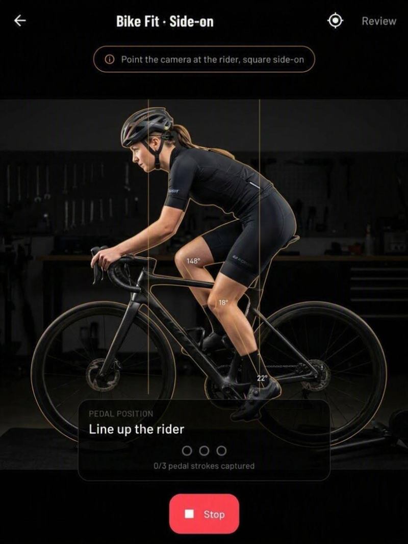 Llyr's Bike Fit screen mid-capture: hip, knee and ankle angles drawn on a rider filmed square side-on, and a counter reading nought of three pedal strokes captured.