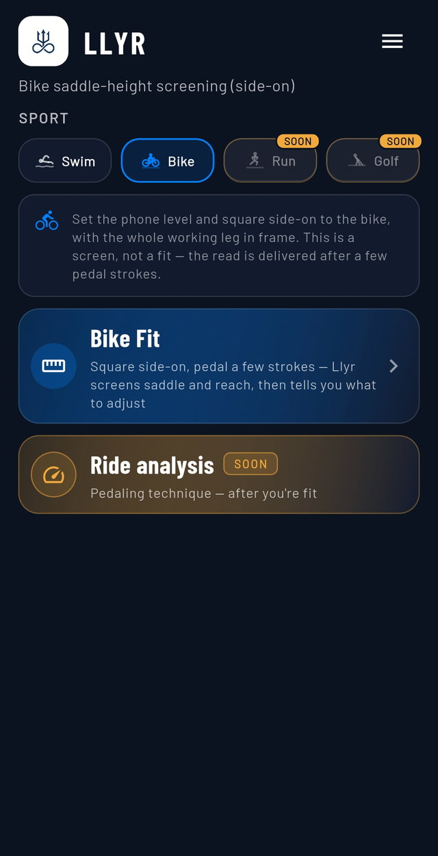 An earlier build of Llyr's bike home screen, headed bike saddle-height screening, side-on, with a Bike Fit card and a Ride analysis card marked soon.