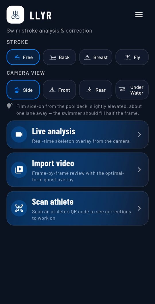 Llyr home screen with stroke and camera-view selection