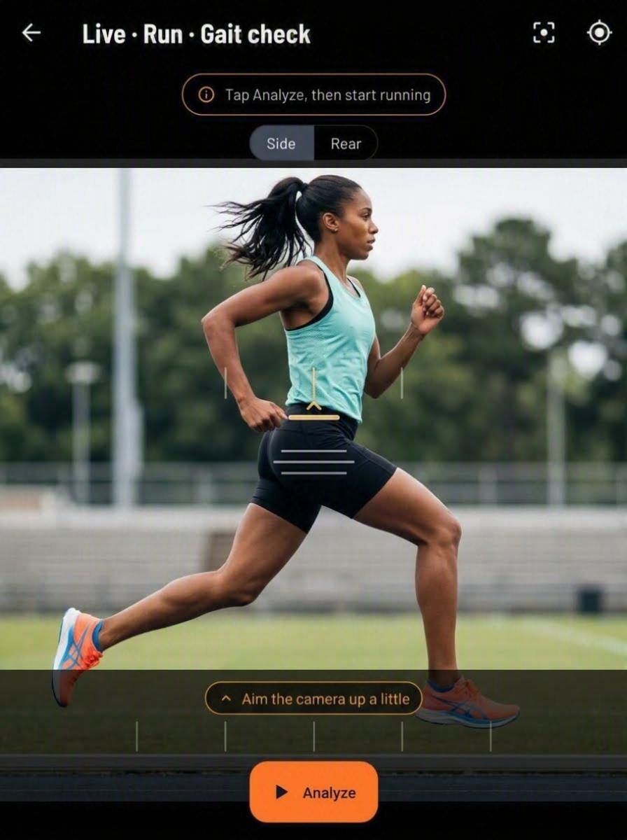 Llyr's run gait screen with a runner filmed side-on, showing the Side and Rear framing options and a cue to aim the camera up a little.