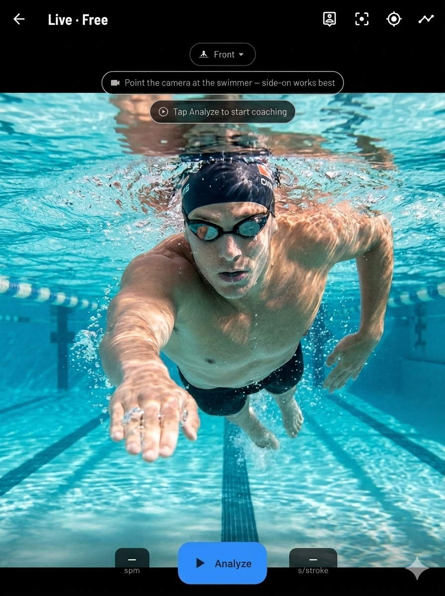 Llyr's live swim viewfinder with a swimmer head-on under the surface and a large Analyze button along the bottom.