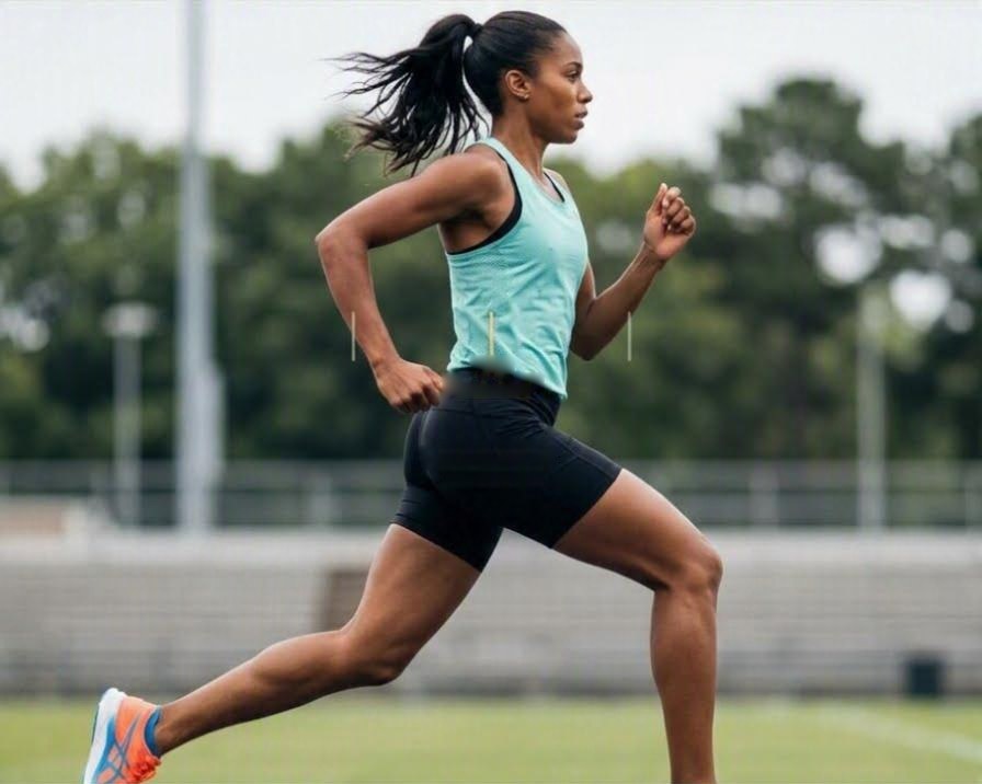 A runner filmed from the side, mid-stride, with Llyr's reading of her body drawn on top: her joints marked and joined, her elbow at 58 degrees and her leading knee at 122 degrees, a dashed line showing where the technique model puts the forearm, and a hatched block at the bottom of the frame where her leading foot is out of shot.