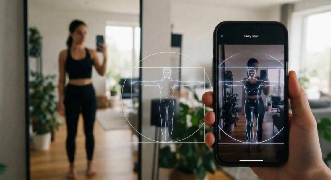 An illustration of the body-scan idea: someone stands in front of a mirror while the phone in their hand traces a body outline over the camera view.